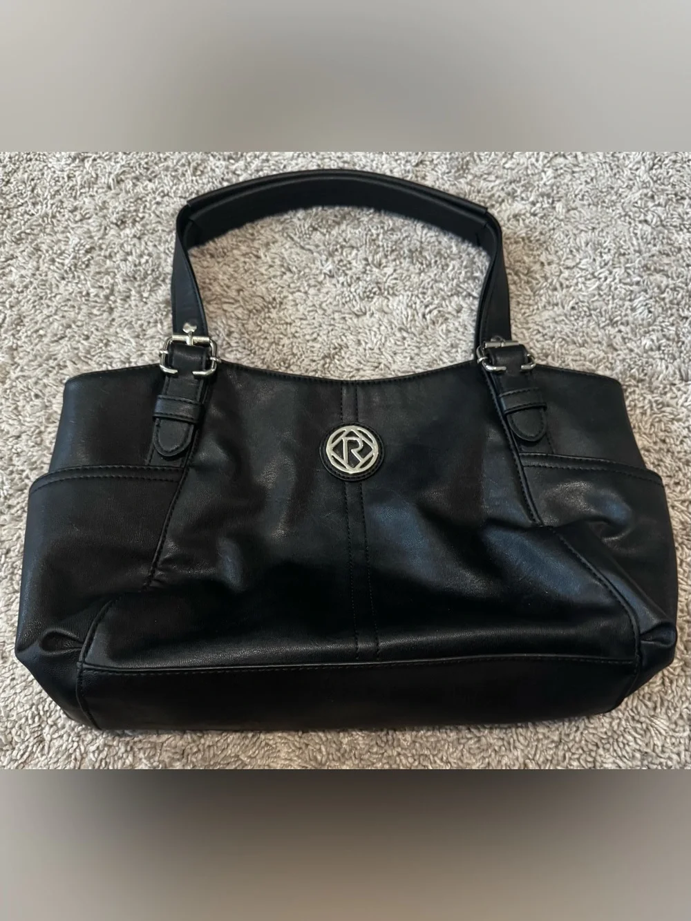 Relic Black Shoulder Tote with Silver Emblem
